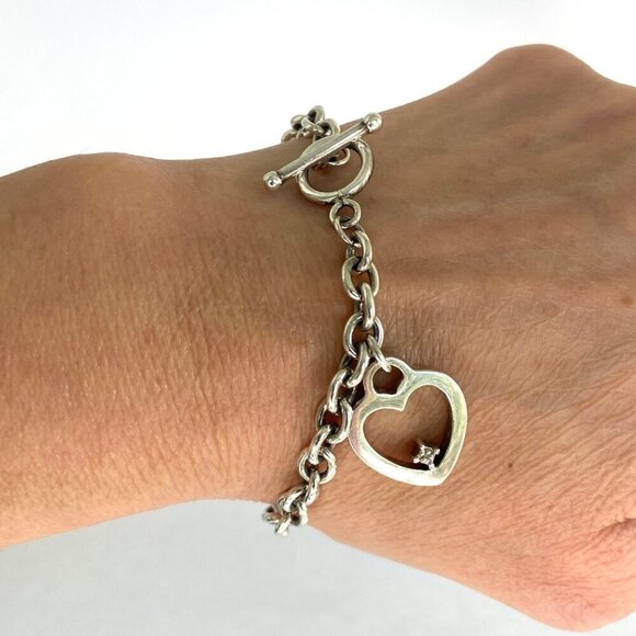 Solid Sterling Silver 925 UD Diamond Chip Heart Charm Cable Chain Bracelet 7.25" - Picture 11 of 16